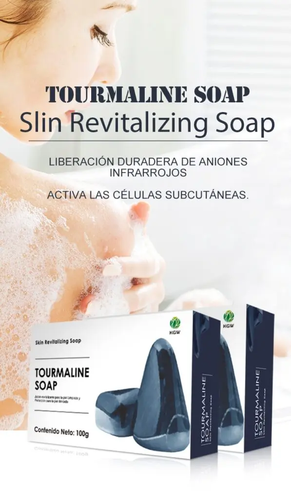 El Jabón Tourmaline Soap viene en una barra de 100 gramos, presentada en una caja diseñada para preservar su frescura y propiedades revitalizantes.