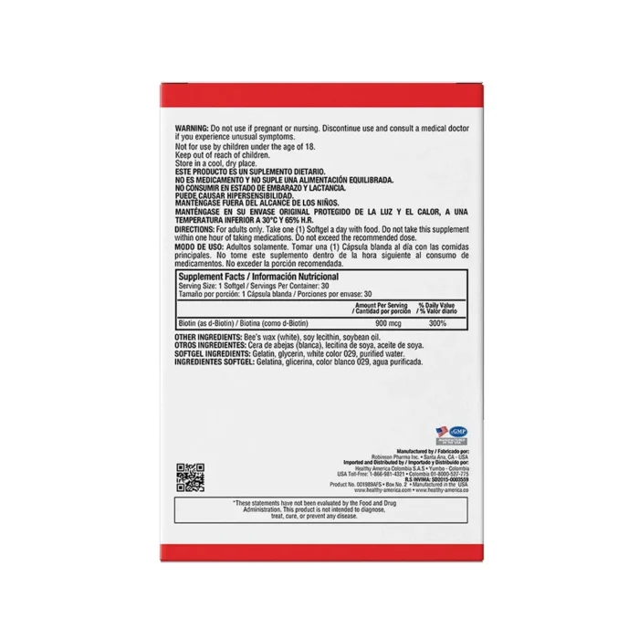BIOTINA 900MCG - SUPLEMENTO PARA EL BIENESTAR CAPILAR - 30 SOFTGELS en Colombia - Vista lateral