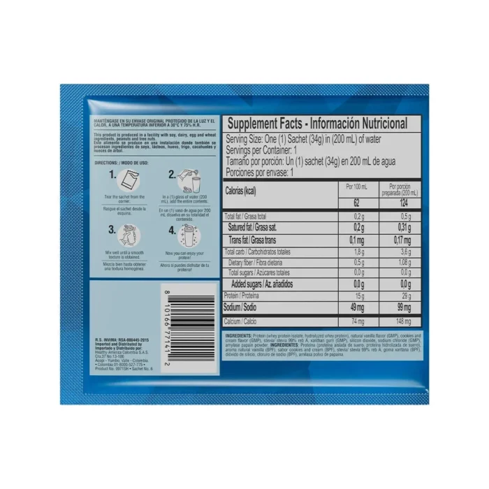 ISO WHEY 100% - PROTEÍNA AISLADA DE SUERO SABOR COOKIES AND CREAM - 12 SACHETS en Colombia - Vista posterior