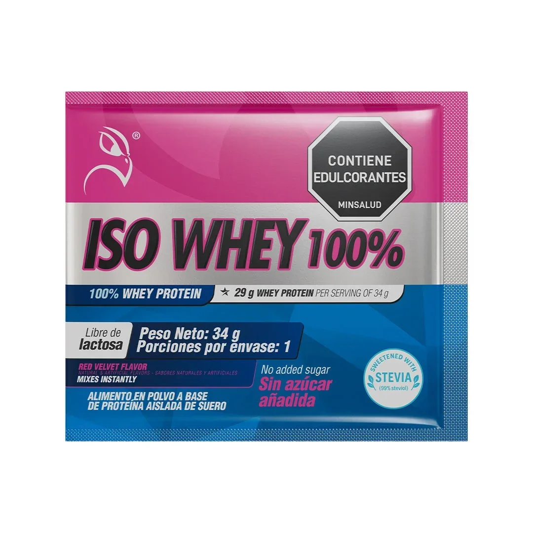 ISO WHEY 100% - PROTEÍNA AISLADA DE SUERO SABOR RED VELVET - 12 SACHETS ISO WHEY 100% - PROTEÍNA AISLADA DE SUERO SABOR RED VELVET - 12 SACHETS en Colombia - Vista frontal