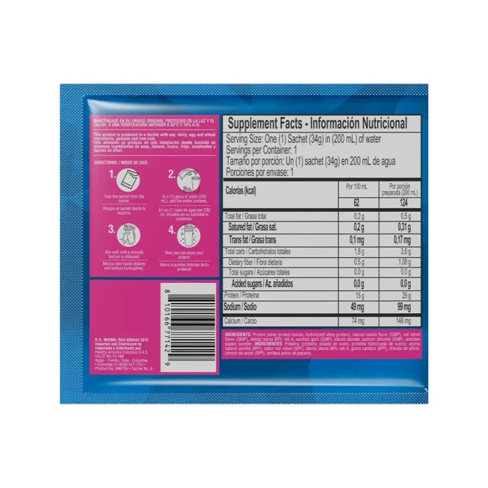 ISO WHEY 100% - PROTEÍNA AISLADA DE SUERO SABOR RED VELVET - 12 SACHETS en Colombia - Vista lateral