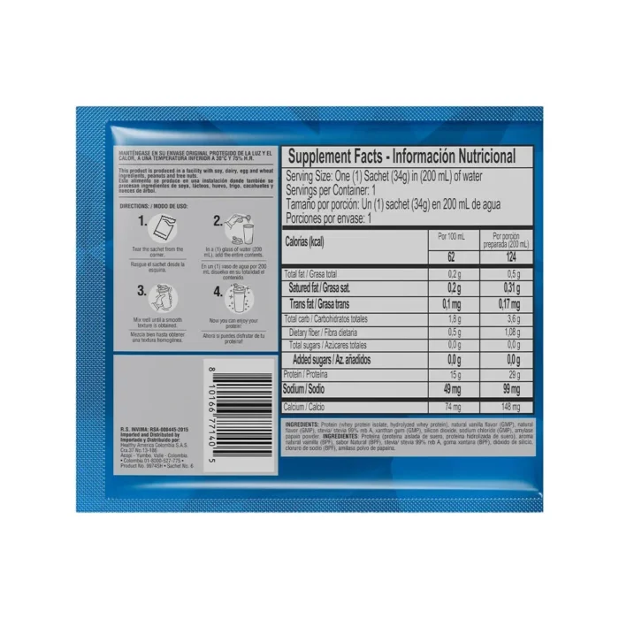 PROTEÍNA ISO WHEY 100% - 12 SACHETS DE 34G - SIN SABOR en Colombia - Vista posterior
