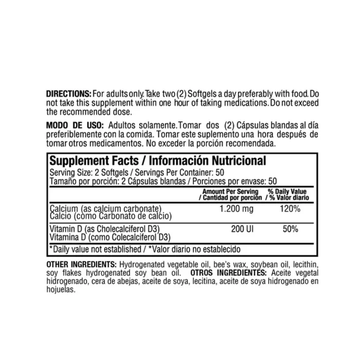 CALCIO LÍQUIDO ABSORBIBLE 1200MG CON VITAMINA D3 - 100 CÁPSULAS BLANDAS en Colombia - Vista posterior