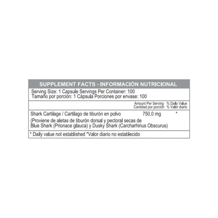 CARTÍLAGO DE TIBURÓN 750MG - 100 CÁPSULAS - SALUD ARTICULAR en Colombia - Vista posterior