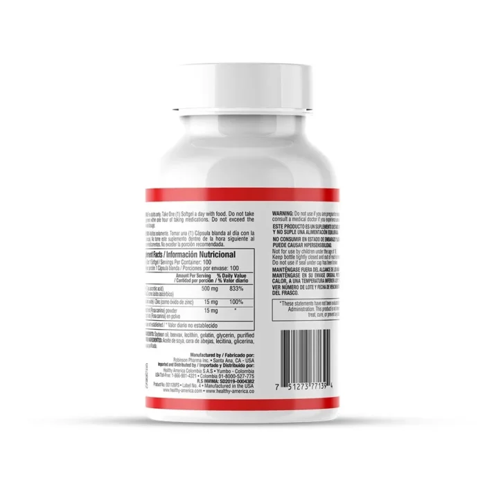 VITAMINA C 500MG CON ROSA MOSQUETA Y ZINC - 100 CÁPSULAS BLANDAS en Colombia - Vista lateral